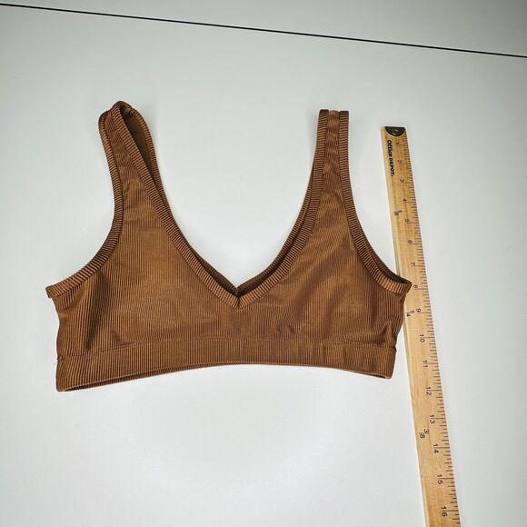 Weworewhat Brown V-Neck Form Fitting Stretch Pullover Ribbed Sports Bra Medium - Picture 7 of 13